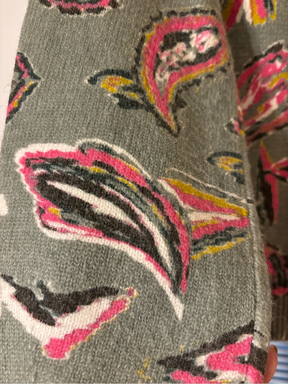 LOFT Sage Green V-Neck Sweater with Pink Paisley Accents - Picture 7 of 10